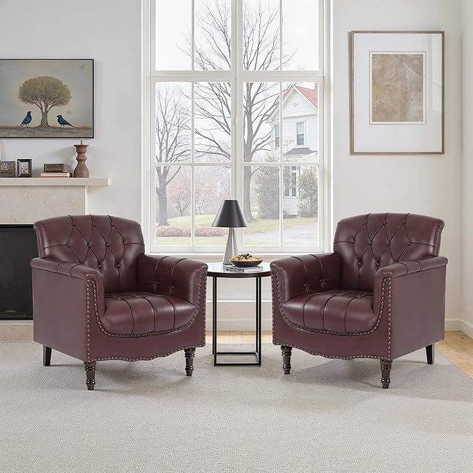 Faux Leather Accent Chair, PU Leather Modern Comfy Upholstered Armchair with Wood Legs & Nailhead Trim for Living Room, Bedroom (Red,Set of 1)