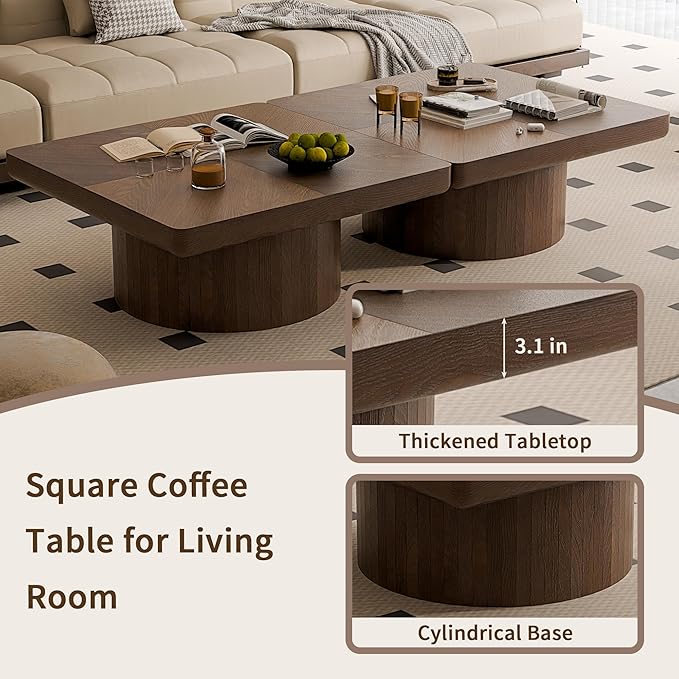 Solid Wood Square Coffee Table with Thick 3.1" Parquet Top & Cylindrical Base, Modern Living Room Coffee Table, Heavy-Duty Wood Center Table, Easy Assembly (34.6" Square Coffee Table)