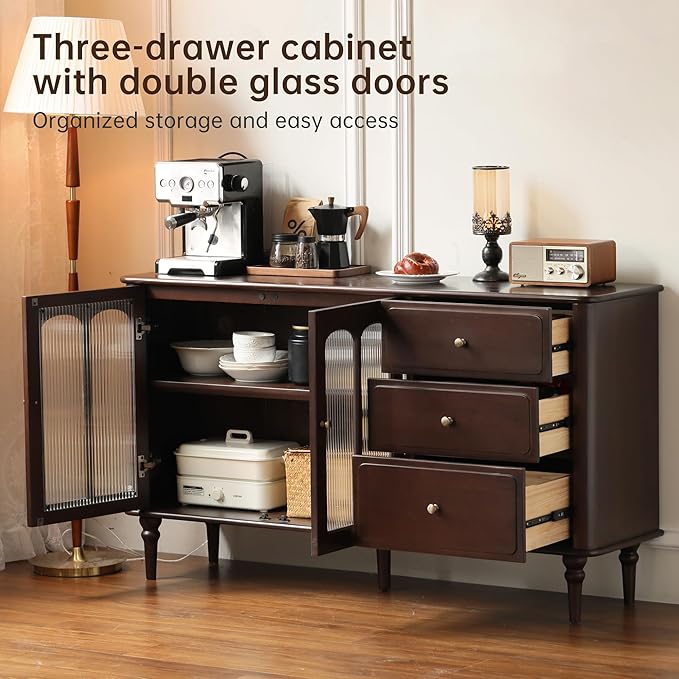 YESWOOD Mid-Century Modern Sideboard Buffet Cabinet with Storage, 49.2'' Vintage Storage Cabinet with Arch Fluted Glass Door & 3 Drawers for Dining Room, Living Room, Entryway, Walnut