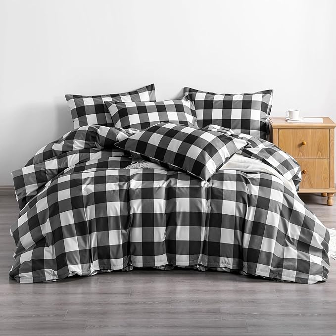 NTBAY Microfiber Queen Duvet Cover Set, 3 Pieces Ultra Soft Buffalo Check Printed Comforter Cover Set with Zipper Closure and Corner Ties, Black and White