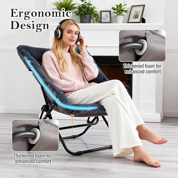 Furlide Saucer Chair, Comfy Doorm Chairs, Oversized Folding Faux Fur Chair, Foldable Metal Frame Chair, for Bedroom, Living Room, Balcony, Study, Playroom (Navy Blue)