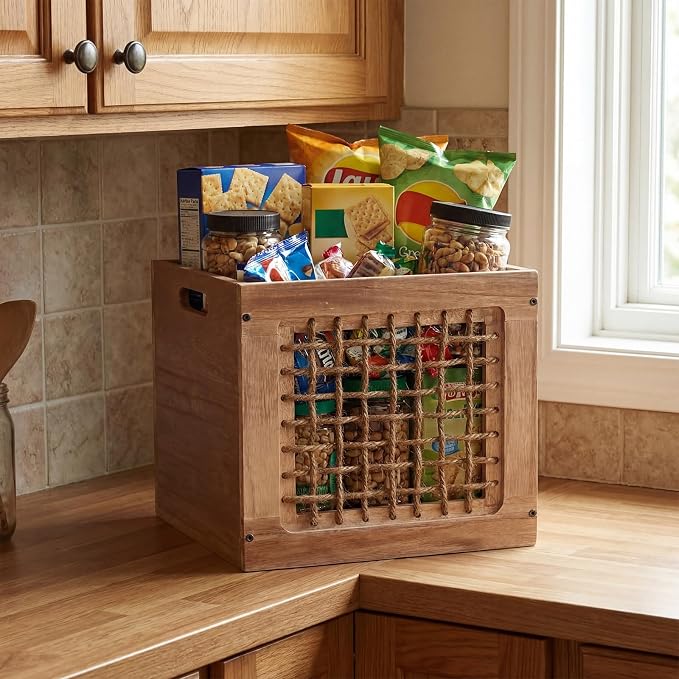 Geelin 2 Pack Stackable Wood Storage Bins with Handles 11 Inch 22l Cube Vinyl Record Storage Box Decorative Vintage Farmhouse Wood Rope Crate Basket Containers Organizing Bins for Toy Books Office