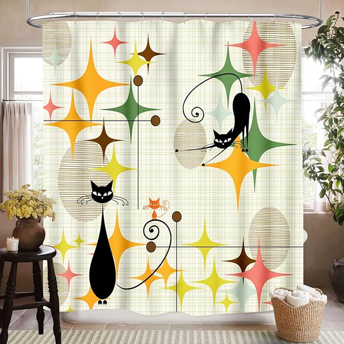 Mid Century Modern Shower Curtain for Bathroom, Rustic Star Abstract Geometric Black Cat Atomic Kittey Pastel Vintage 1950s 1960s Waterproof Fabric Shower Curtain Set with Hooks, 72"x78"