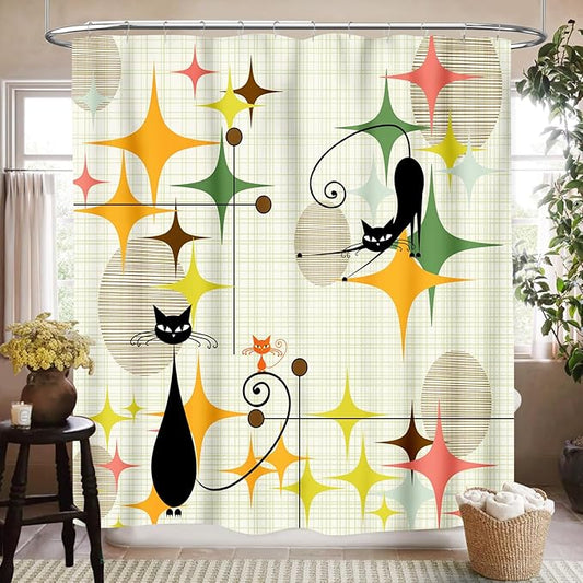 Mid Century Modern Shower Curtain for Bathroom, Rustic Star Abstract Geometric Black Cat Atomic Kittey Pastel Vintage 1950s 1960s Waterproof Fabric Shower Curtain Set with Hooks, 72"x78"