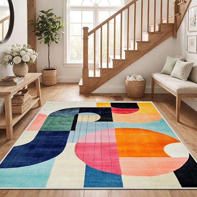 5x7 Colorful Area Rug Modern Abstract Orange Yellow Pink Blue White Beige Black Bedroom Rug Low Pile Thin Large Carpet Living Room Non Slip Dining Room Stain Resistant Office Washable Machine