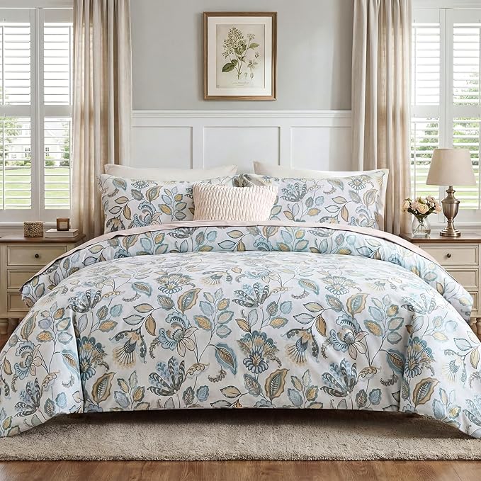 Blue Floral Duvet Cover Queen Size 100% Cotton Botanical Coquette Comforter Cover 3 Pieces Soft & Breathable French Style Duvet Cover with Zipper Closure