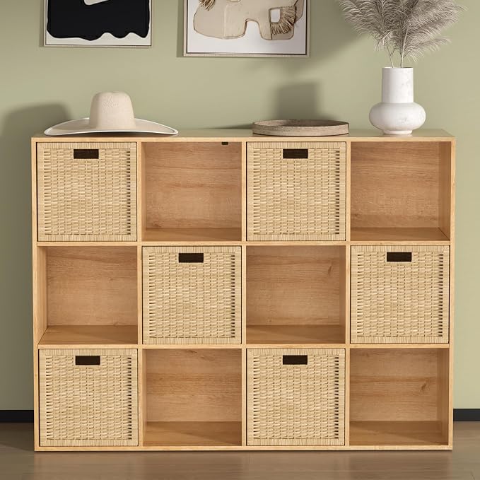 Wooden 12 Cube Storage Organizer with Closed Back Panel,Natural Oak Cube Shelf Cubby Storage Organizer with Compartments for Living,Bookshelf, Easy to Install (Oak, 12-Cube-11in)
