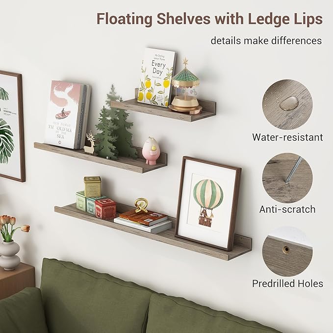 Axeman Picture Ledge Shelf | 16 Inch Grey Floating Shelves Set of 3 | Rustic Grey Wood Wall Shelves with Lip | 16" Picture Shelf for Wall with Ledge | Photo Shelves