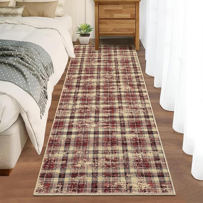 Tartan Plaid Runner Rug for Hallway 2.5x12 Kitchen Rugs Non Slip Washable Modern Entryway Rug Soft Bathroom Rugs Stain Resistant Carpet for Hallway Laundry Bedroom 2'6''x12' Red