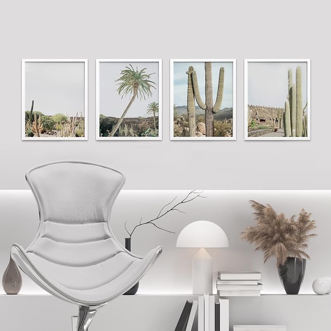 SIGNWIN Framed Tropical Palm Tree Saguaro Cactus Wall Art, Set of 4 Desert Landscape Wall Decor Prints, Nature Wilderness Wall Décor for Living Room, Bedroom Black - 12"x16" White