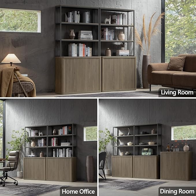 SICOTAS Book Shelf Fluted Bookshelf 71" Tall Bookcase with Doors Storage 5 Tier Mid Century Modern Bookshelves Large Shelves Metal Book Cases for Living Room Office Bedroom Kitchen Library (2PCS)