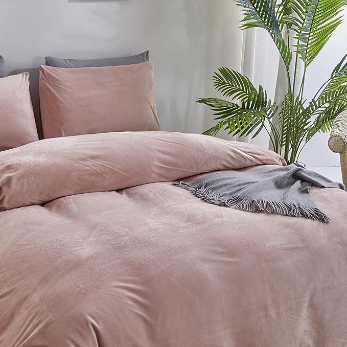 Pureant Pink Velvet Comforter Sets Twin Women Girls Blush Pink Fluffy Bedding Comforters Adults Teens Cute Dusty Pink Winter Quilts Solid Light Red Flannel Quilt Bean Pink Micromink Sherpa Plush Bed