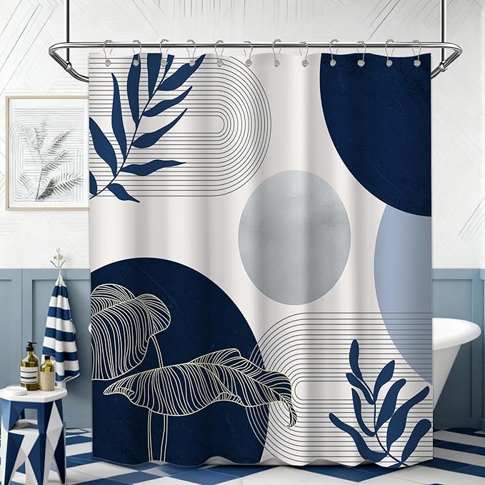 Navy Blue and White Shower Curtain Mid Century Modern Dark Blue Boho Shower Curtains for Bathroom Decor MCM Mens Cool Bath Curtain Set, Waterproof Fabric with Hooks 70 x 78 Inch