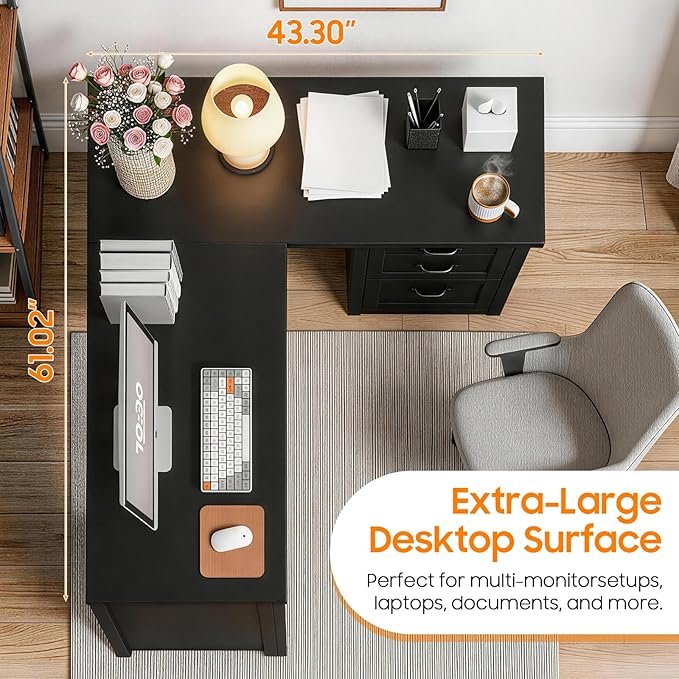 Vabches 61”Farmhouse L Shaped Executive Desk with File Drawers, Corner Computer Desk with Mobile CPU Stand, Wood Writing Computer Desk for Work, Study.Pure Black