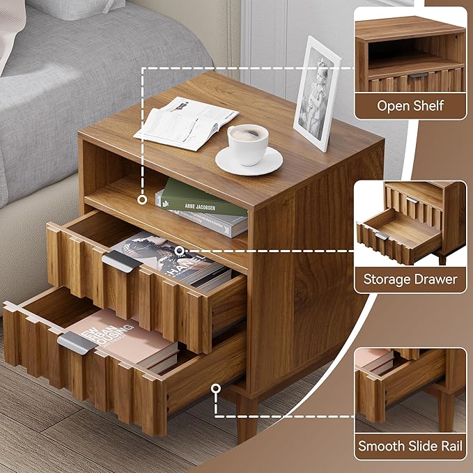 Fluted Nightstand Set of 2 with 2 Drawers, 19" Wide Night Stand with Solid Wood Legs, Open Storage Shelf, Mid Century Modern Wooden Bedside Table for Bedroom, Bed End Side Table, Walnut