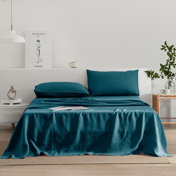 EVERLY Linen Sheets Set Twin Size,100% French Stonewash Pure Linen Sheets Set,3Pieces (1Flat Sheet,1Fitted Sheet,1Pillowcase) Suitable for Hot Sleepers,Deep Pocket Natural Bedding Set-Graphite Blue