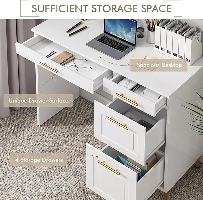 4 EVER WINNER White Desk with Drawers and Golden Handles, 43" Home Office Desks with Drawers, Computer Wrighting Table with Storage for Bedroom, White and Gold Desk