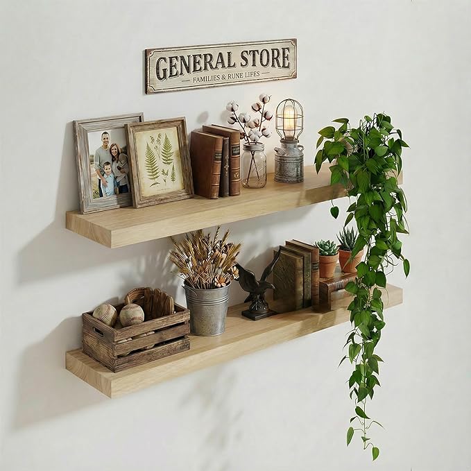 IAE Floating Wall Shelves 24 inch,Bathroom Shelf Wall Mounted,Invisible Shelf Floating Kitchen Shelves,Wooden Wall Shelving with Brackets for Living Room Wall Mounted,Easy Install,Set of 2,Natural