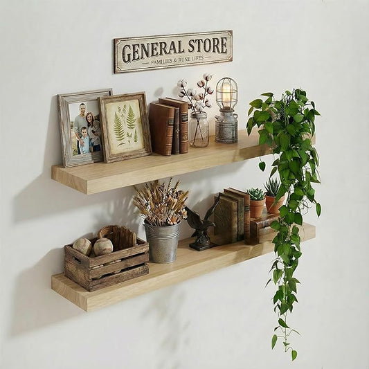 IAE Floating Wall Shelves 24 inch,Bathroom Shelf Wall Mounted,Invisible Shelf Floating Kitchen Shelves,Wooden Wall Shelving with Brackets for Living Room Wall Mounted,Easy Install,Set of 2,Natural