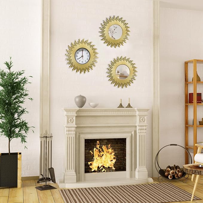 3 Pcs Gold Retro Sunburst Wall Decor Set, 9.8 Inch Round Clock & Mirror Wall Art, Vintage Sunburst Style Decor for Living Room Bedroom Bathroom, Lightweight & Easy to Install