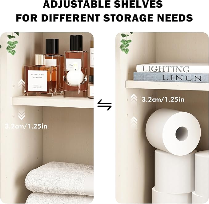 RUSTOWN Boho Rattan Wall Cabinet, Midcentury Bathroom Cabinet with Sliding Door, Adjustable Shelves, Over The Toilet Storage Cabinet (Vintage White)