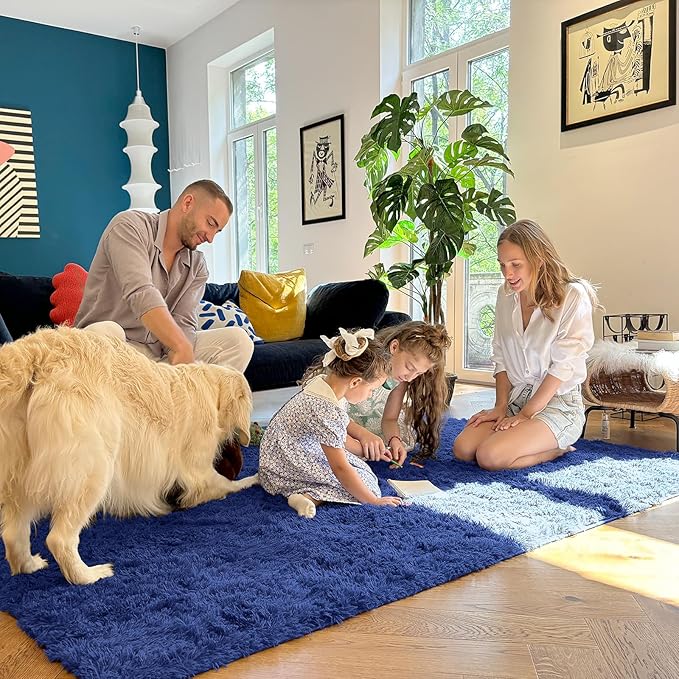 OLANLY 3x5 Machine Washable Small Bedside Rug, Soft Fluffy Shaggy Rugs for Living Room, Bedroom, Indoor Floor Carpet for Kids Girls and Boys, Preppy Dorms, Nursery, Home Decor Aesthetic, Navy Blue