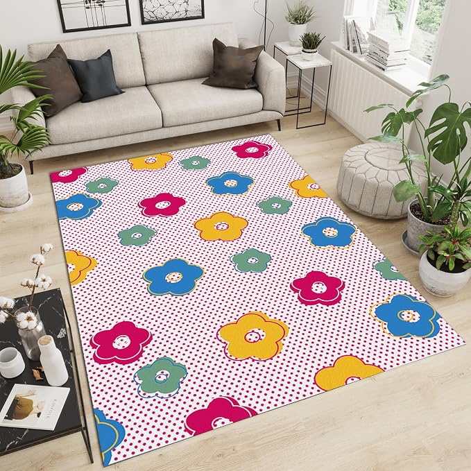 Cartoon Cute Flowers Area Rug, Pink Polka Dot Background Non Slip Decorative Rugs, Breathable Durable Carpet for Indoor Bedroom Living Room Sofa Office Floor Rug - 4 ft x 5 ft