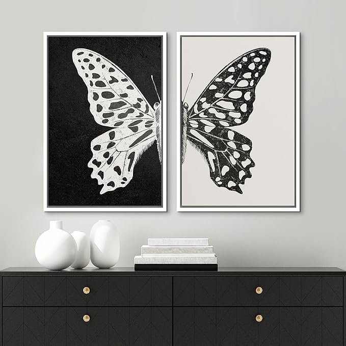 MUDECOR Framed Canvas Wall Art Black and White Butterfly Prints Minimalist Modern Art Boho Wall Decor for Bedroom - 16"x24"x2 White
