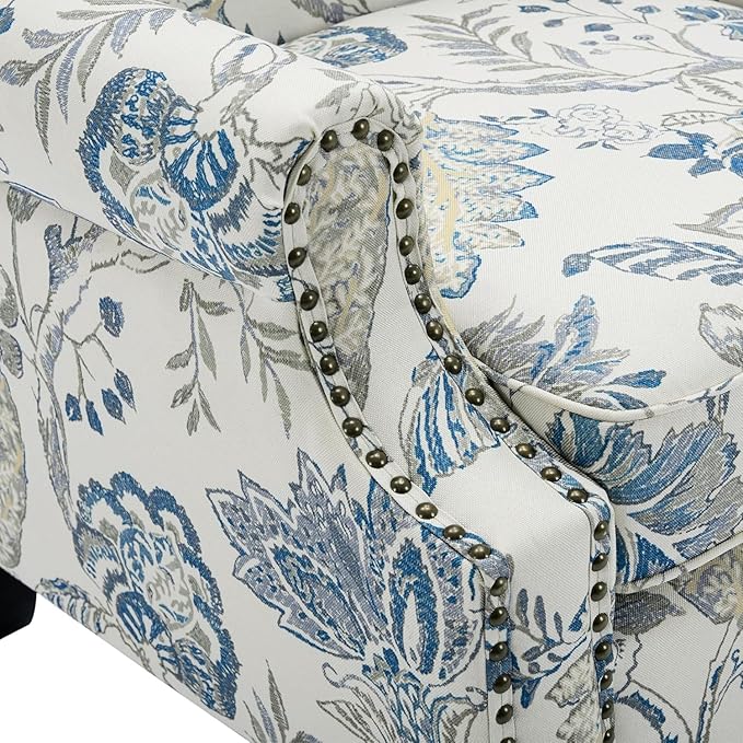 High Back Accent Chair, Fabric Upholstered Armchair Floral Wingback Chair for Living Room, Comfy Single Sofa Bedroom Reading Seat with Solid Wood Legs - Plants Blue