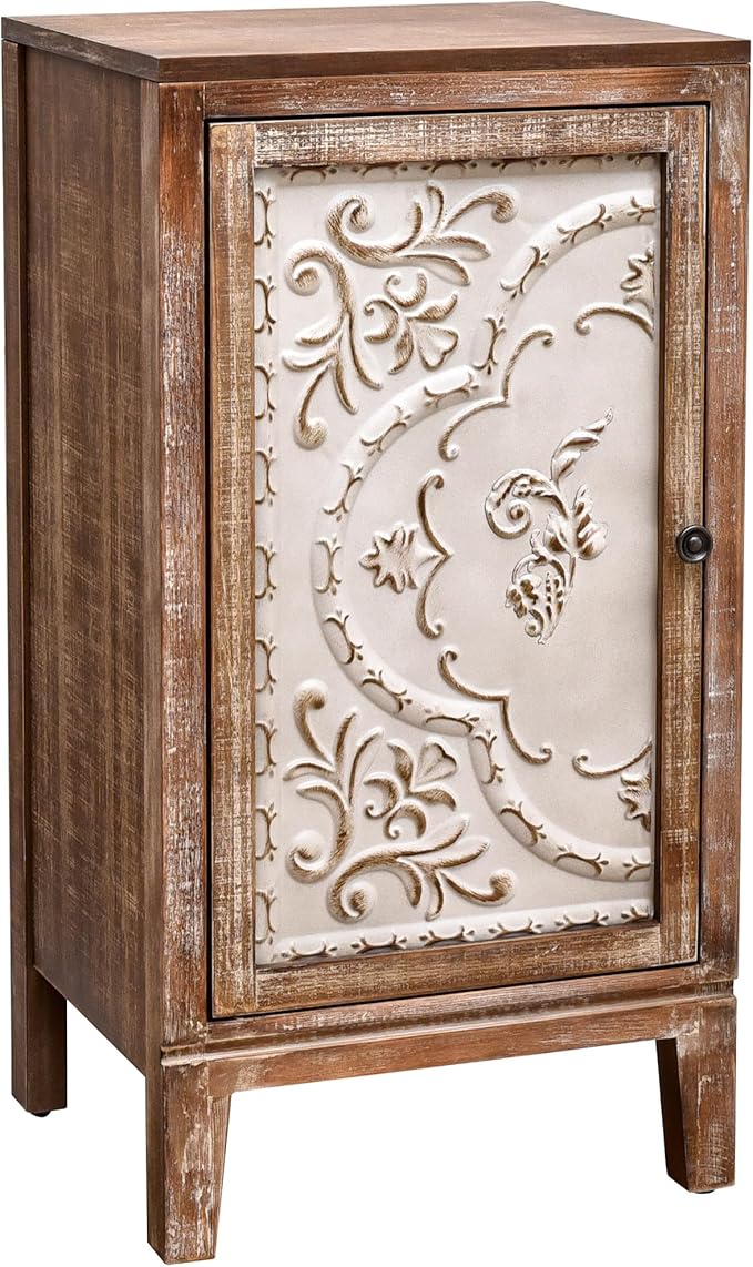 eHemco Vintage Florentine End Table with Floral Door Panel, 16.5 x 14 x 31 Inches, Indoor Storage Cabinet, Natural and Cream Finish