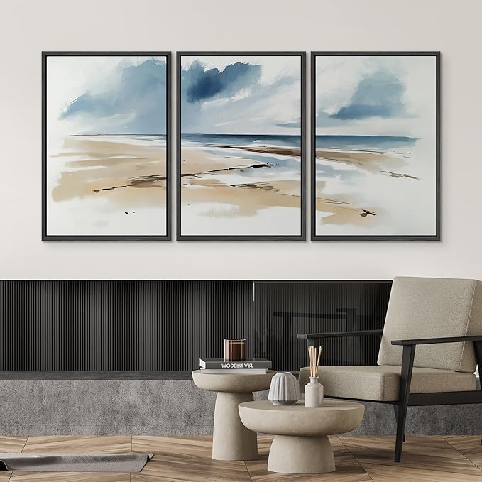 SIGNWIN Framed Canvas Print Wall Art Set Coastal Beach Horizon Blue and Tan Seascape Illustrations Modern Art Decorative Boho Relax/Zen Nordic for Living Room, Bedroom, Office - 16"x24"x3 Black