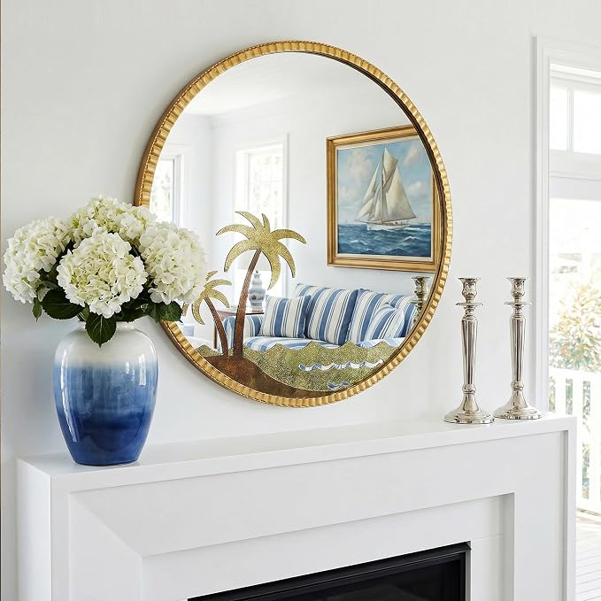 Round Gold Wall Mirror 32" – Decorative Metal Frame Wall Mirror with Tropical Coconut Tree, Beaded Coastal Accent Mirror for Living Room, Bedroom, Bathroom, Beach House