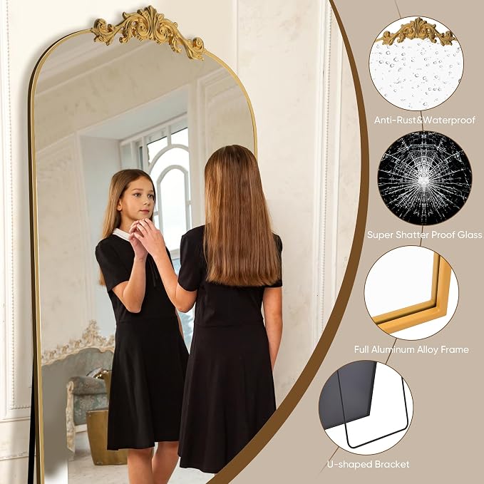 Antok Arched Full Length Mirror, 65"x24" Floor Mirror with Carved, Full Body Mirrors for HomeDecor, Standing/Halling Large Wall Mirror for Bedroom, Living Room, Cloakroom, Gold, Retro Style