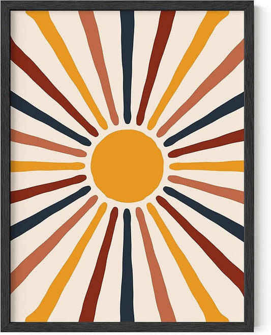 HAUS AND HUES Mid Century Modern Sun Wall Art - Minimalist Yellow Sun Print with Rainbow Rays, Modern Boho Art, Unframed 12x16