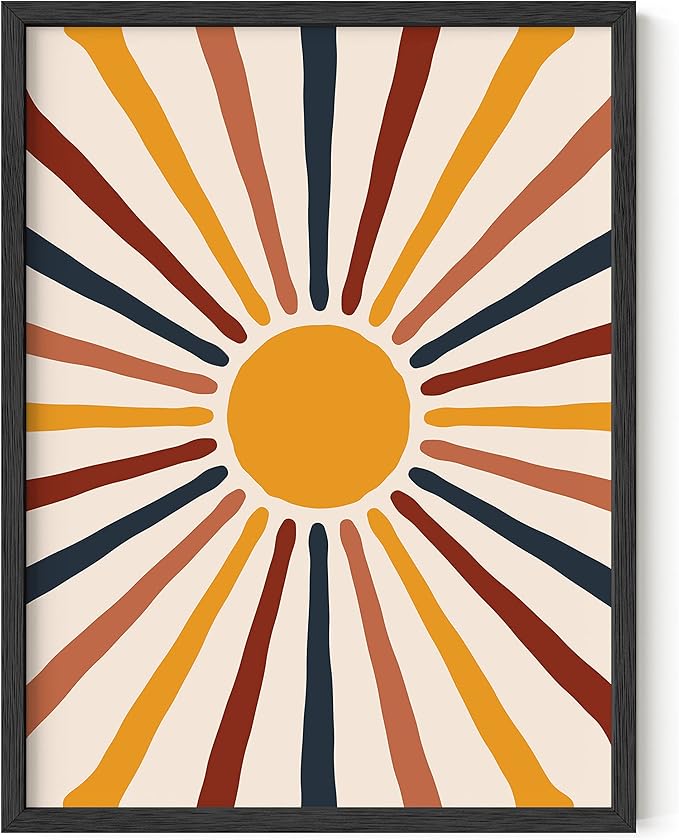 HAUS AND HUES Mid Century Modern Sun Wall Art - Boho Sun Print, Minimalist Abstract Art, Modern Poster for Living Room or Bedroom, Black Frame 12x16