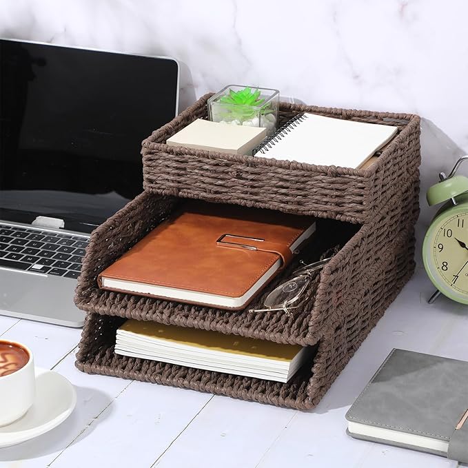 Geelin 3 Pack Paper Rope Woven Stackable Desk Organizer Letter Tray, Brown Tabletop Desk Basket for Storage Paper Letter Folders Notebooks Copy Print, Workspace Holder