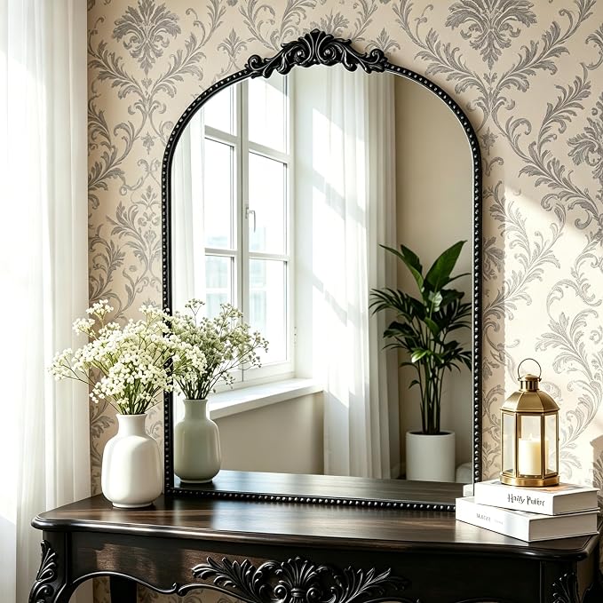 ZIYOO Vintage Baroque Arched Wall Mirror 36"x24", Black Ornate Antique French Traditional Decor Mirror for Entryway Living Room Fireplace (Black Metal,36" x 24")