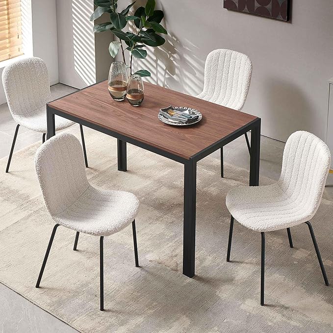 NORDICANA 5 - Piece Dining Set, Industrial Style 47 in Kitchen Table with Beige Faux Fur Dining Chairs for 4 Person, Dining Room Table Set for Dinette, Breakfast Nook Breakfast Nook