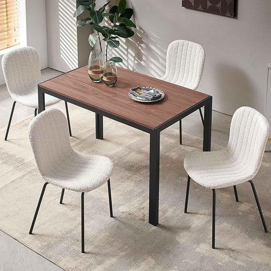 NORDICANA 5 - Piece Dining Set, Industrial Style 47 in Kitchen Table with Beige Faux Fur Dining Chairs for 4 Person, Dining Room Table Set for Dinette, Breakfast Nook Breakfast Nook