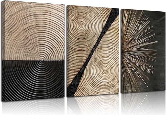 3Pcs Retro Wood grain Abstract Canvas Wall Art Minimalist Black Golden Line Texture Wall Decor Pictures Neutral Geometric Beige Brown Poster Prints for Living Room Bedroom Home Decoration 16x24in