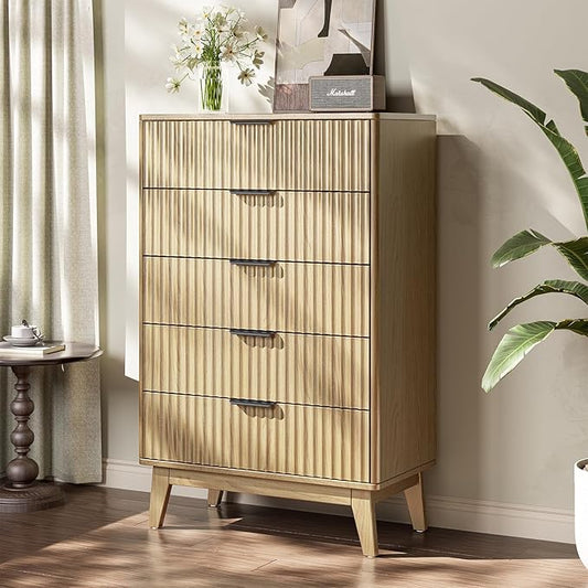 Modern Fluted 5 Drawer Tall Dresser, 48" H, Natural Oak, Curved Profile Design, Mid Century Wood Chest of Drawers for Bedroom, Living Room, Hallway