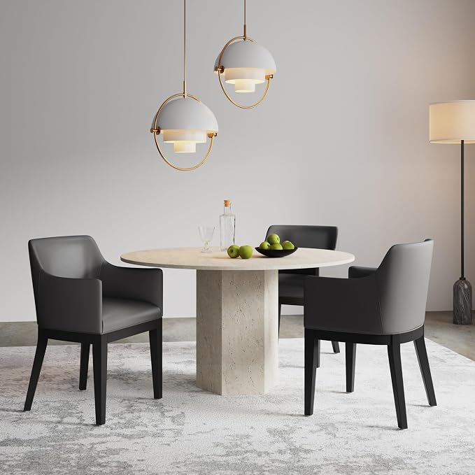 Manhattan Comfort Gansevoort Modern Faux Leather Dining Chair with Arms, Leatherette Upholstery on Solid Beech Wood Frame, Accent Furniture for Kitchen Table or Office, Set of 1, Pebble Grey