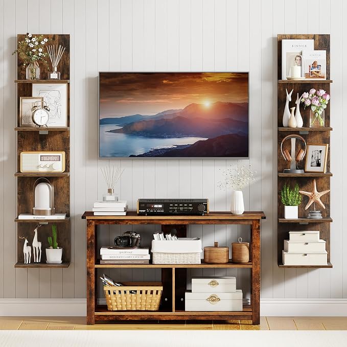 Giantex 5 Tier Wall Shelf Unit Set of 2, Narrow Vertical Floating Shelves for Home Decoration and Storage Organizer, Lack Wall Shelf, Wall Mounted Display Shelves for Bedroom, Living Room,Rustic Brown