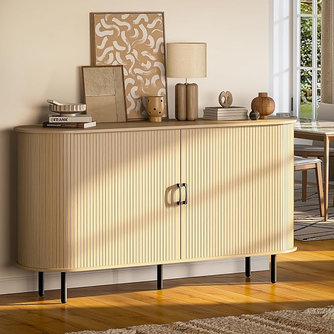 PUKAMI 55" Wood Buffet Sideboard Cabinet with Storage, Mid-Century Modern Coffee Bar Cabinet with Sliding Doors & Shelves, Accent Credenza Console Table for Kitchen, Dining Room, Entryway (Oak)