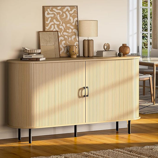 PUKAMI 55" Wood Buffet Sideboard Cabinet with Storage, Mid-Century Modern Coffee Bar Cabinet with Sliding Doors & Shelves, Accent Credenza Console Table for Kitchen, Dining Room, Entryway (Oak)