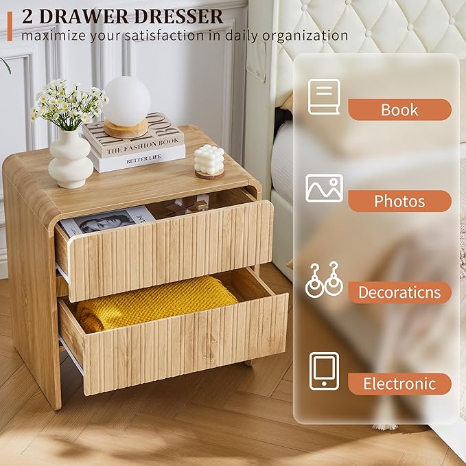 BERRYMERRY Flute 2 Drawer Dresser,Mid Century Modern Small Nightstand with 2 Drawer for Bedroom, Wood Side Table with Curved Profile for Living Room,Hallway,Enterrway