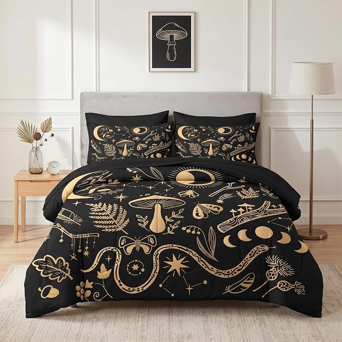 Nesker Comforter Set Twin Size, Golden Mushroom Moon 5 Pcs Bedding for Kids and Adults, Moth Vintage Gold Bed Sheet Sets with Fitted Sheet Pillowcase & Sham