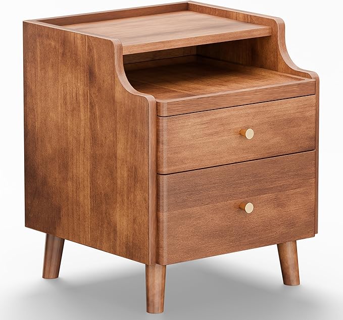 Nightstand with Drawers, Pre-Assembled, 19.7" H Natural Solid Wood Night Stand with Open Sliding Shelf, Mid Century Modern Small Bedside Table Cabinet for Bedroom, End Side Table, Walnut