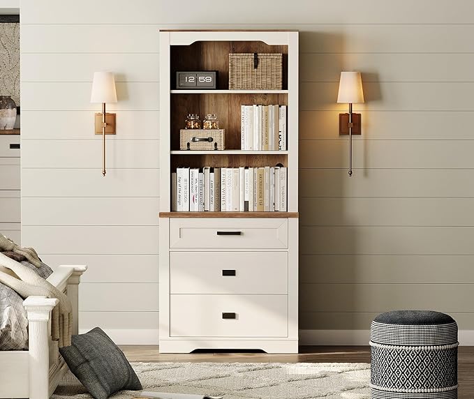 WAMPAT 73.3" Tall Bookcase with Chest of Drawers, 31.5 inch Wide Standing Rustic Bookshelves, Modern Farmhouse Display Storage Cabinet with Adjustable Shelves,Antique White