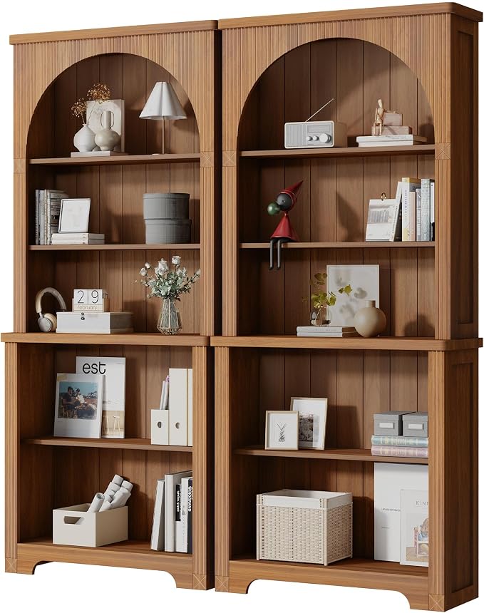 Janmer Home 71'' Tall Arched Bookshelf, Mid Century Modern Curved Bookcase with 5-Tier Storage Shelves, Freestanding Open Display Shelf for Home Office, Living Room (Walnut, 71inch-2PC)